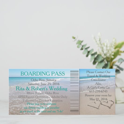 Wedding Boarding Pass Ticket-Destination Hearts Kaart (Staand voorkant)