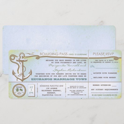 Wedding Boarding Pass- tickets met RSVP Kaart (Voorkant / Achterkant)