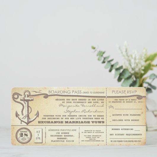 Wedding Boarding Pass- tickets met RSVP Kaart (Staand voorkant)