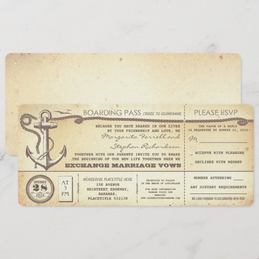 Wedding Boarding Pass- tickets met RSVP Kaart (Voorkant / Achterkant)