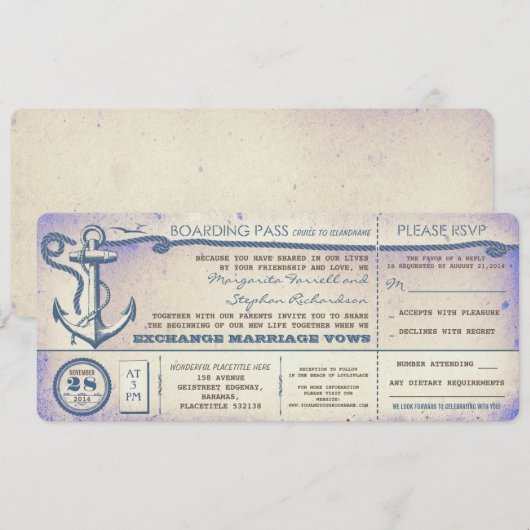 Wedding Boarding Pass- tickets met RSVP Kaart (Voorkant / Achterkant)