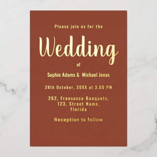 Wedding Boho Brown Terracotta Gold Folie Uitnodiging (Voorkant)