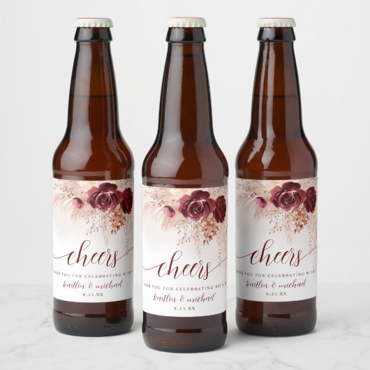 Wedding Boho Pampas Grass Wedding Burgundy Bier Etiket (Flessen)