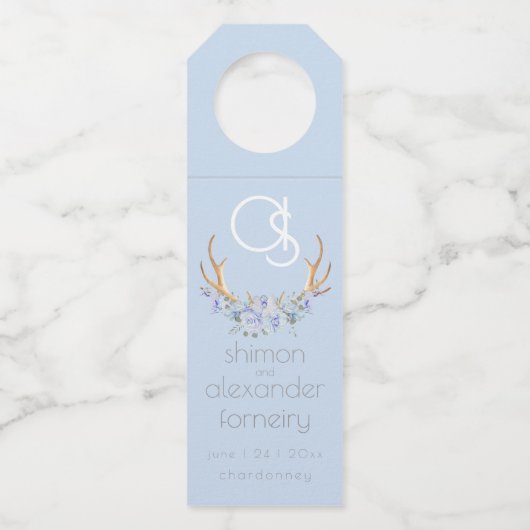 Wedding Bottle Hanger | Monogram Blauwe Bloemen BO (Voorkant)