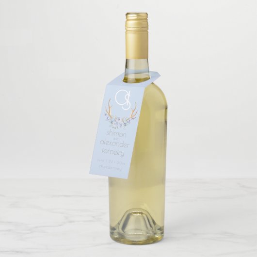 Wedding Bottle Hanger | Monogram Blauwe Bloemen BO (Schuin)