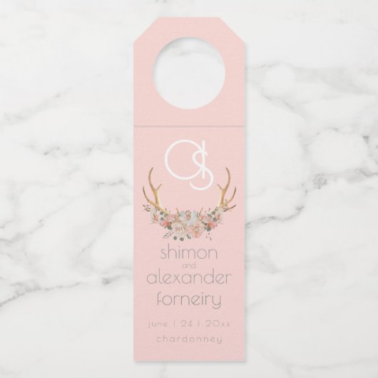 Wedding Bottle Hanger | Monogram Koraal Floral BOH (Voorkant)