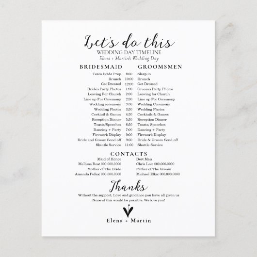 Wedding Bridal tijdlijn Volgorde gebeurtenissen (Voorkant)