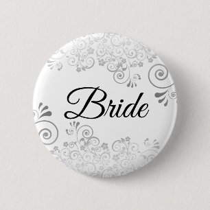 Wedding Bride Button Silver Floral  Filigree