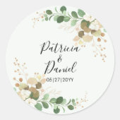 Wedding Bride Groom Name Green Floral Eucalyptus Ronde Sticker (Voorkant)