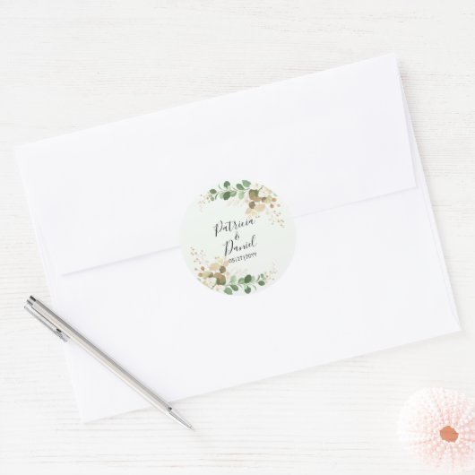 Wedding Bride Groom Name Green Floral Eucalyptus Ronde Sticker (Envelop)