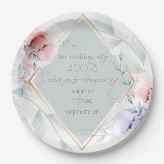 Wedding Buffet | Koraal en Lila Aquarelle Flowers Papieren Bordje (Voorkant)