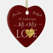 Wedding Burgandy Red Heart kerstnaam Mr Mrs. Keramisch Ornament (Rechts)
