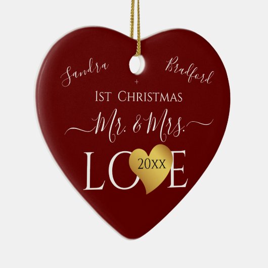 Wedding Burgandy Red Heart kerstnaam Mr Mrs. Keramisch Ornament (Rechts)