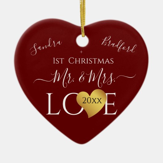 Wedding Burgandy Red Heart kerstnaam Mr Mrs. Keramisch Ornament (Voorkant)
