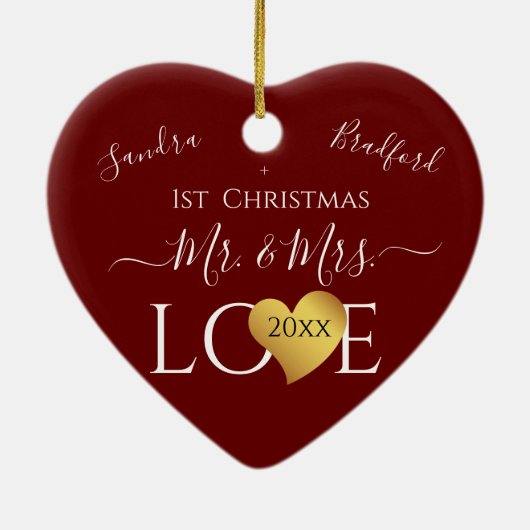 Wedding Burgandy Red Heart kerstnaam Mr Mrs. Keramisch Ornament (Achterkant)