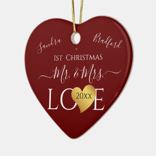 Wedding Burgandy Red Heart kerstnaam Mr Mrs. Keramisch Ornament (Links)
