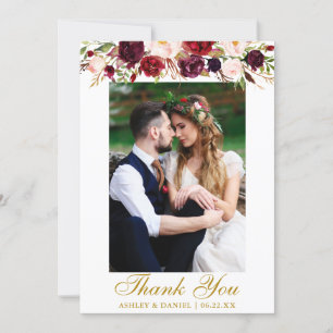 Wedding Burgundy Floral Foto Gold Bedankkaart