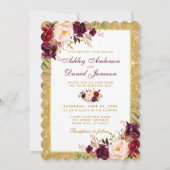 Wedding Burgundy Floral Gold Glitter Invitation S. Kaart (Voorkant)