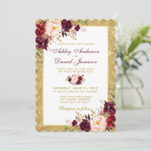 Wedding Burgundy Floral Gold Glitter Invitation S. Kaart (Staand voorkant)