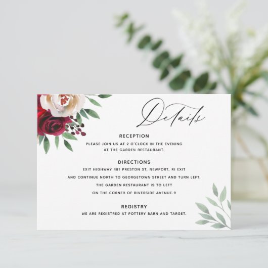 Wedding Burgundy Floral — Kaart met details (Staand voorkant)