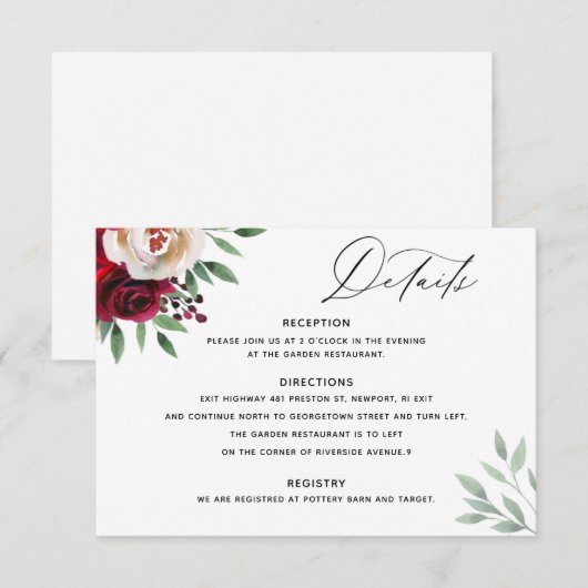Wedding Burgundy Floral — Kaart met details (Voorkant / Achterkant)