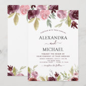 Wedding Burgundy Pink Modern Elegant Floral Kaart (Voorkant / Achterkant)