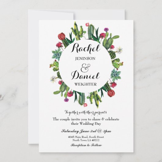 Wedding Cactus Floral Fiesta Wreath Party Invite Kaart (Voorkant)