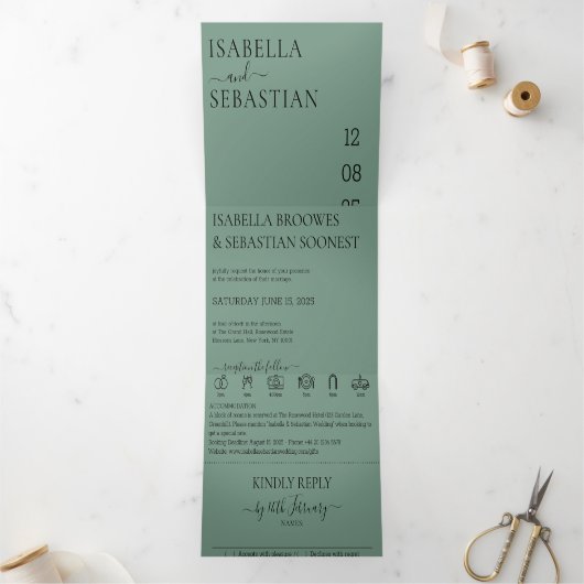 Wedding Cadet Blue Green All in one set Drieluik Uitnodiging (Binnen)