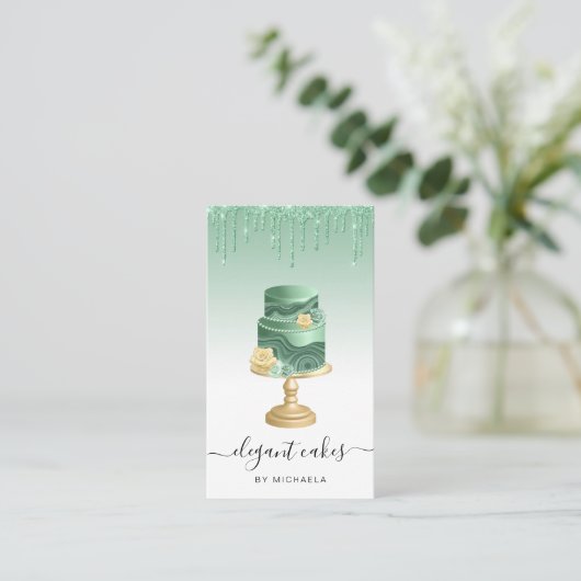 Wedding Cake Glitter Drip Mint Green Bakery Visitekaartje (Staand voorkant)
