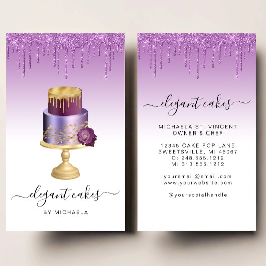 Wedding Cake Glitter Drip Purple Bakery Visitekaartje