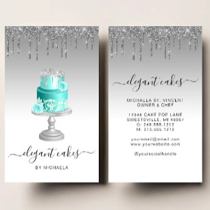 Wedding Cake Glitter Drip Silver Turquoise Bakery Visitekaartje