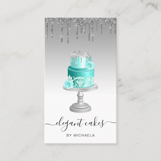 Wedding Cake Glitter Drip Silver Turquoise Bakery Visitekaartje (Voorkant)