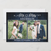 Wedding Calligraphy Heart Mr. Mrs. Blue Wood Bedankkaart (Voorkant)