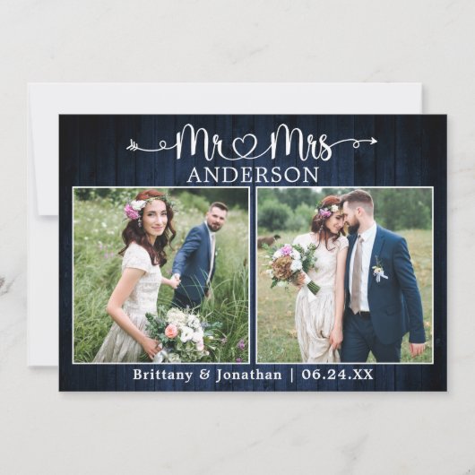 Wedding Calligraphy Heart Mr. Mrs. Blue Wood Bedankkaart (Voorkant)