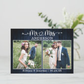 Wedding Calligraphy Heart Mr. Mrs. Blue Wood Bedankkaart (Staand voorkant)