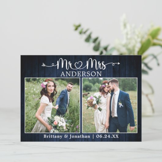 Wedding Calligraphy Heart Mr. Mrs. Blue Wood Bedankkaart (Staand voorkant)