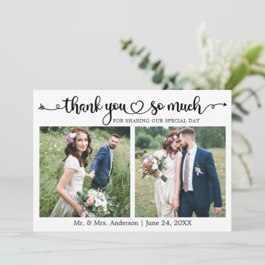 Wedding Calligraphy Script Heart 2 Photo Bedankkaart (Staand voorkant)