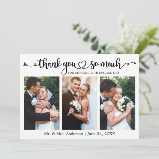 Wedding Calligraphy Script Heart 3 Photo Bedankkaart (Staand voorkant)