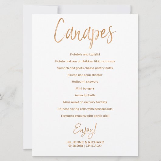 Wedding Canapes Menu | Stijlvol gouden Roos met le Kaart (Voorkant)