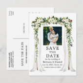 Wedding Canopy Arch Waterverf Green White Floral Aankondigingskaart (Voorkant / Achterkant)