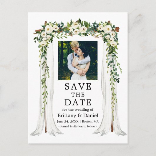 Wedding Canopy Arch Waterverf Green White Floral Aankondigingskaart (Voorkant)