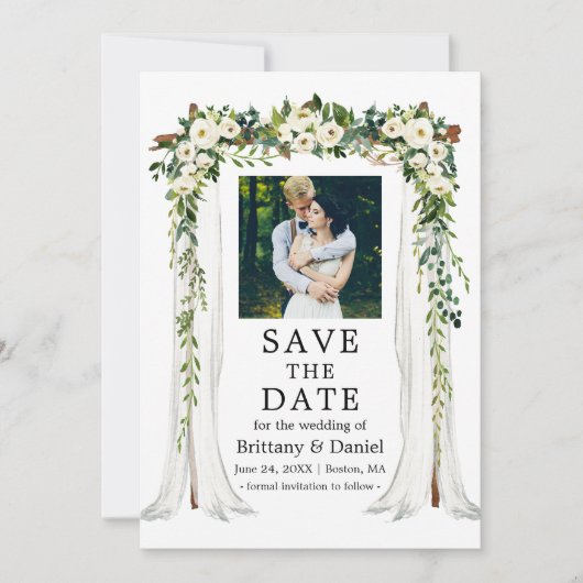 Wedding Canopy Arch Waterverf Green White Floral Save The Date (Voorkant)