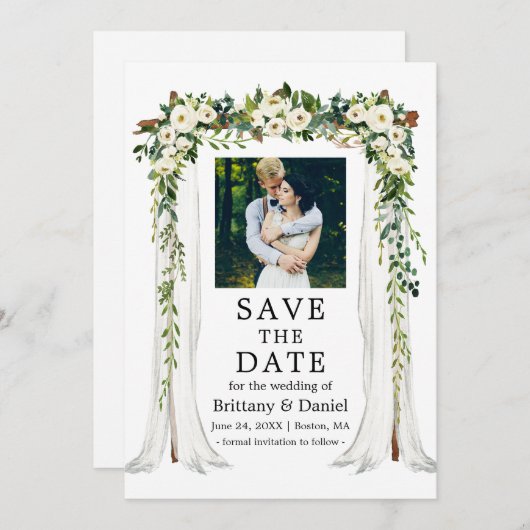 Wedding Canopy Arch Waterverf Green White Floral Save The Date (Voorkant / Achterkant)