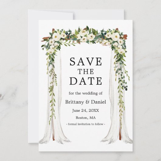 Wedding Canopy Arch Waterverf Green White Floral Save The Date (Voorkant)