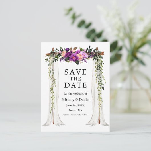 Wedding Canopy Arch Waterverf Paarse Floral Aankondigingskaart (Staand voorkant)
