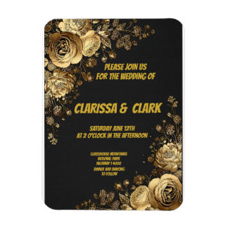 Wedding card decorated with golden flowers on a bl magneet