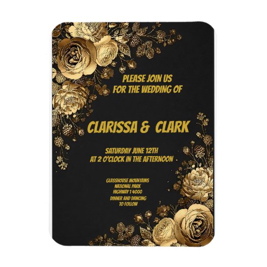 Wedding card decorated with golden flowers on a bl magneet (Verticaal)