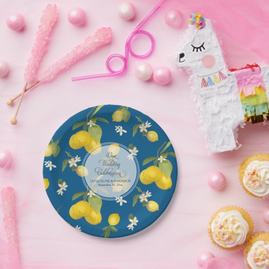 Wedding Celebration Royal Blue Lemon Flower Citrus Papieren Bordje (Feest)