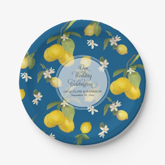 Wedding Celebration Royal Blue Lemon Flower Citrus Papieren Bordje (Voorkant)