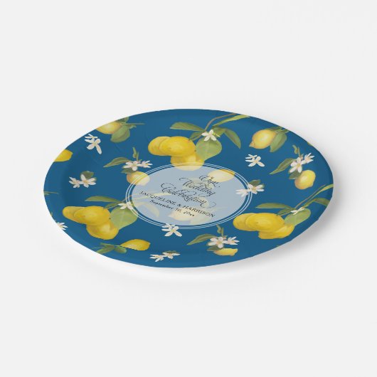 Wedding Celebration Royal Blue Lemon Flower Citrus Papieren Bordje (Gekanteld)
